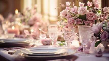 Fototapeta na wymiar Wedding table set with delicate china, crystal glasses, and lush floral centerpieces. Sophistication and celebration as the table becomes a canvas for love and joy. Generative ai