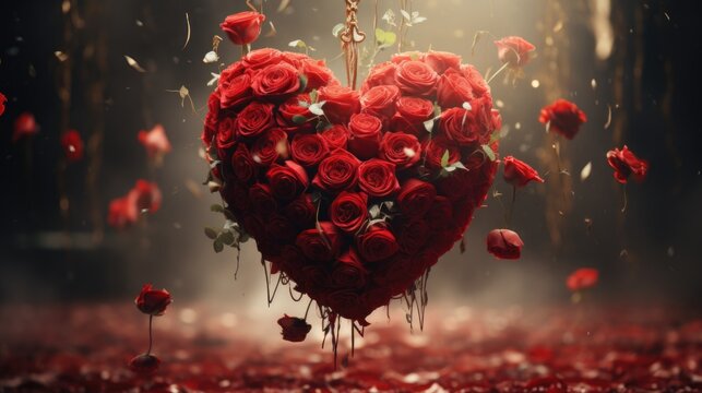 Artistic composition featuring a heart-shaped bouquet of red roses suspended in mid-air, with petals gently falling around it. The scene exudes elegance and romance, valentines day. Generative ai - Powered by Adobe