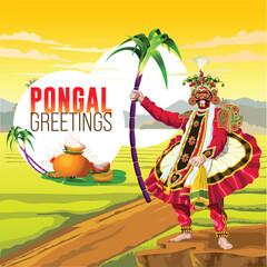 Pongal Greetings with a Tamil Indian folk Dancer in festive Performance