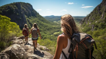 Fototapeta premium Summit Serenity: Woman with Long Blond Hair Hiking with Friends Through Mountain Trails, Relishing the Adventure and Breathtaking Landscape Around Her.