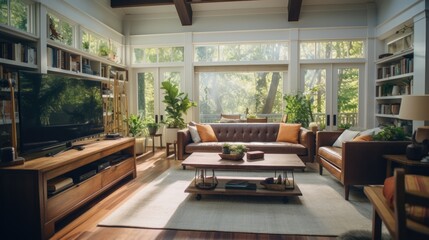 Fototapeta premium Living room prominent elements of the living space. Creative compositions, natural light, and a modern color palette house apartament modern. Generative ai