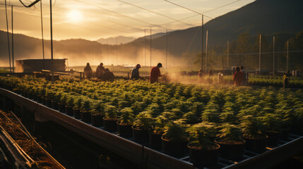 Harvesting season in a marijuana cultivation business, close-up shot, workers trimming cannabis buds, large drying racks in the background, meticulous attention to quality, warm. Generative ai - obrazy, fototapety, plakaty