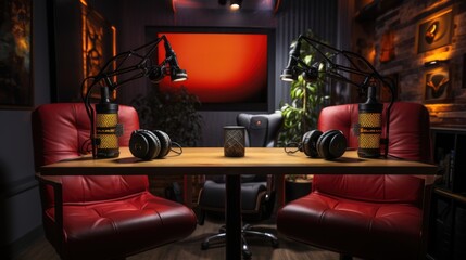 Magic of podcasting podcast host and guest engage in a compelling conversation. The studio setting is well-equipped with high-quality microphones, headphones, and recording equipment. Generative ai