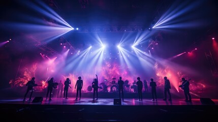  Moment as a music band takes the stage, engulfed in a dazzling array of lights. The band members are at the center of attention, pouring their hearts into the performance. Generative ai
