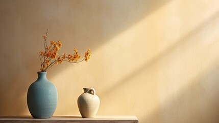 Soft colors wash over the plain wall, forming a harmonious palette that complements the presence of a uniquely designed vase, adding an artistic touch to the scene as captured by an HD camera.