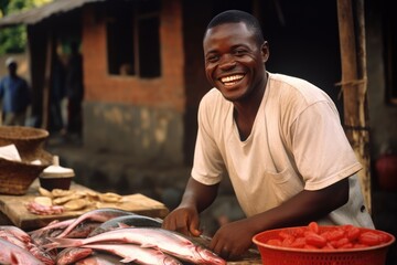 Authentic Fish Commerce: In an African Mercado, a Joyful Man Laughs While Selling Fresh Fish,...