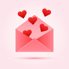 Open mail envelope icon, love letter with red heart. Romantic design elements in pleasant colors. Valentine day concept. Isolated object on a pink background. Vector illustration.