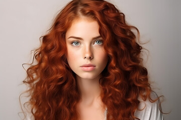 Fototapeta premium Portrait of a beautiful red-haired curly-haired young woman isolated on a light background