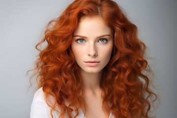 Portrait of a beautiful red-haired curly-haired young woman isolated on a light background