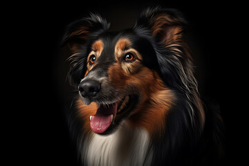 portrait of a collie dog isolated on black background.