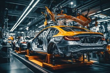 Naklejka premium Revolutionizing the Road: Technology on the Assembly Line of High-Performance Cars - Where Precision Meets Innovation in Automotive Manufacturing.