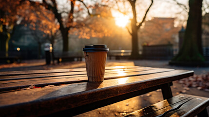 A lone coffee cup basks in the golden hour light on a park bench, capturing a peaceful morning moment in an urban setting. - obrazy, fototapety, plakaty