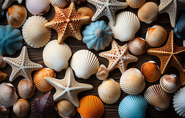 summer background set of beautiful multi-colored shells and starfish top view - Powered by Adobe