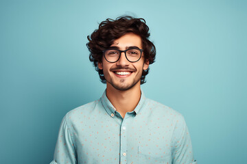 Fototapeta premium portrait of a confident young spanish man wearing glasses and a shirt isolated on pastel light blue background