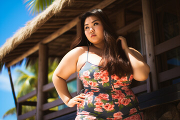 Asian Plus-Size Woman in Vivid Swimwear 