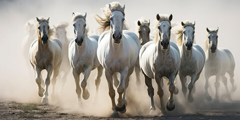 Herd of White Horses Running Across a Dirt Field - obrazy, fototapety, plakaty