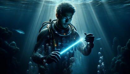 un homme en train d'utiliser un stick lumineux sous la surface de la mer