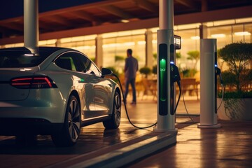 Efficient Electrification: Showcase the Speed and Efficiency of Electric Car Charging Infrastructure on German Highways, where Cars Swiftly Charge at a High-Capacity Station.	
 - obrazy, fototapety, plakaty