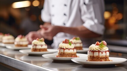 Celebration Elegance: Close-Up of Chef in Commercial Kitchen Artfully Preparing Tiny Birthday Cakes with Fruits, A Cake Extravaganza for a Meal That Balances Freshness and Flavor