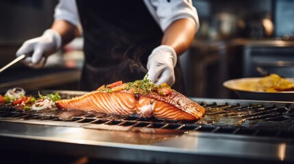 Chef's Close-Up in a Commercial Kitchen, Meticulously Placing Grilled Salmon for Service - Culinary...