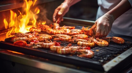 Savor the Flavor: Expertly Grilled Shrimp, Crafted by a Seasoned Chef in a Professional Kitchen, Offering a Taste Sensation That Transcends Culinary Excellence.