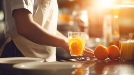 Fresh Citrus Elixir: Close-Up of a Chef in a Commercial Kitchen, Preparing Orange Juice - A...