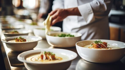 Gourmet Indulgence: Chef's Vegetable Cream Soup Served with Finesse and Flair, Showcasing Culinary Expertise and the Art of Delicious Dining in a Professional Kitchen.