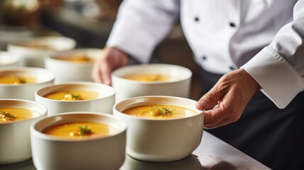 Obraz na płótnie Canvas Gourmet Indulgence: Chef's Vegetable Cream Soup Served with Finesse and Flair, Showcasing Culinary Expertise and the Art of Delicious Dining in a Professional Kitchen.