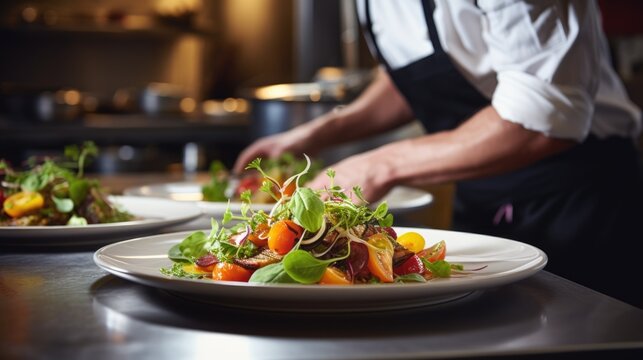 Culinary Artistry with Kitchen Mastery: A Close-Up of a Chef Preparing and Serving Colorful Salad