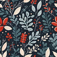 Christmas decoupage paper seamless pattern with botanical elements, leafs, red branches on blue dark background forfabric and paper design
