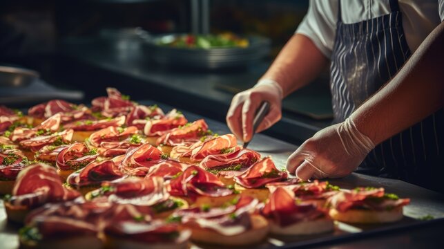 Gourmet Indulgence: Professional Chef Prepares Spanish Bocadillos with Ham Starters with Culinary Mastery.