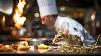 Infestation Alert: Close-Up of a Mouse in a Commercial Kitchen, Chef Preparing Service Amidst Dirty Conditions, Lack of Hygiene, and Unsanitary Kitchen Practices.

 - obrazy, fototapety, plakaty