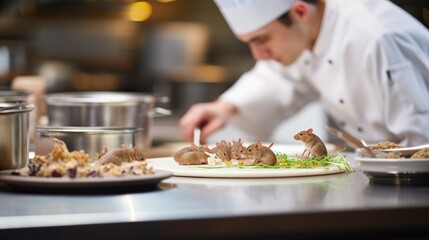 Infestation Alert: Close-Up of a Mouse in a Commercial Kitchen, Chef Preparing Service Amidst Dirty...