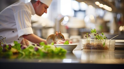 Infestation Alert: Close-Up of a Mouse in a Commercial Kitchen, Chef Preparing Service Amidst Dirty Conditions, Lack of Hygiene, and Unsanitary Kitchen Practices.

 - obrazy, fototapety, plakaty