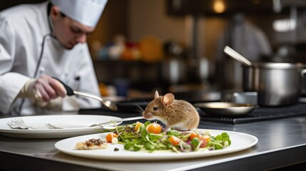 Obraz na płótnie Canvas Infestation Alert: Close-Up of a Mouse in a Commercial Kitchen, Chef Preparing Service Amidst Dirty Conditions, Lack of Hygiene, and Unsanitary Kitchen Practices.