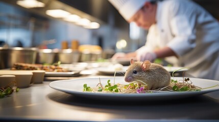 Infestation Alert: Close-Up of a Mouse in a Commercial Kitchen, Chef Preparing Service Amidst Dirty Conditions, Lack of Hygiene, and Unsanitary Kitchen Practices.


