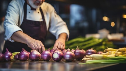 Organic Onion Mastery: Explore the Culinary Wizardry of a Chef, Meticulously Preparing Fresh Organic Onions with Expertise, Creating a Farm-to-Table Symphony of Aromatic, Healthy Delights.