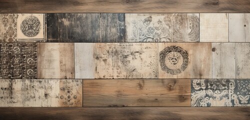 Dive into the past with a vintage panorama of rusty ornate patchwork motifs on old brown and gray porcelain stoneware tiles, creating a shabby chic ambiance for a distinctive background banner.