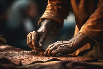 Crafted with Mastery: Witness the Skillful Hands of Moroccan Artisans Working with Hide and Leather to Create Timeless Treasures.