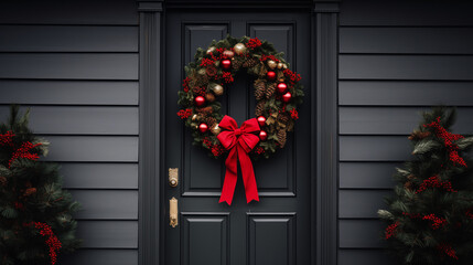 Fototapeta na wymiar A Christmas wreath hanging on a front door with nice look.