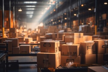 E-commerce Fulfillment: Illustrate the e-commerce boom with a bustling warehouse showcasing stacks of packages ready for shipment, emphasizing the role of warehouses in the digital retail era

 - obrazy, fototapety, plakaty