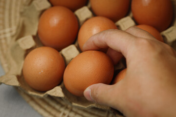 Picking eggs out of the egg stand, Eggs laid in an egg stall, close-up photo, eggs in a carton