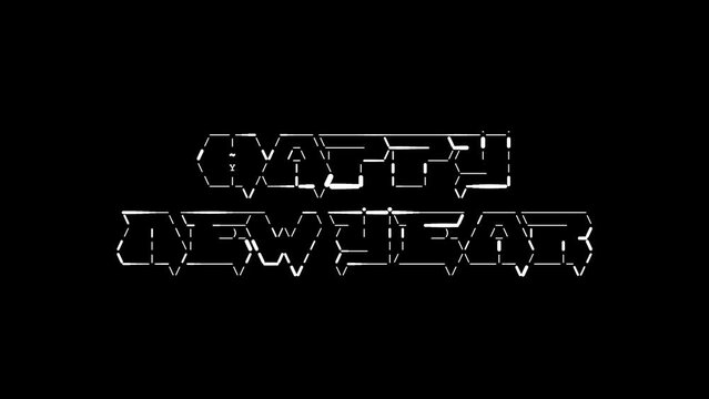Happy New Year ascii animation on black background. Ascii art code symbols with shining and glittering sparkles effect backdrop. Attractive attention promo.