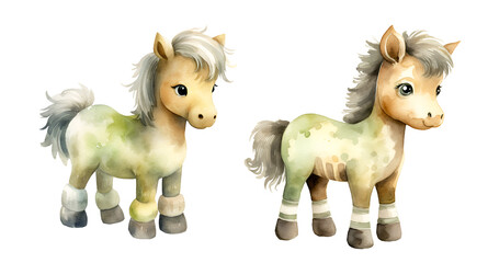 Children toy pony, watercolor clipart illustration with isolated background.
