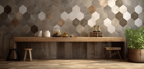 Immerse yourself in the vintage charm of old brown and gray porcelain stoneware tiles, showcasing a worn and rustic geometric mosaic, perfect for a shabby chic background banner panorama. - obrazy, fototapety, plakaty