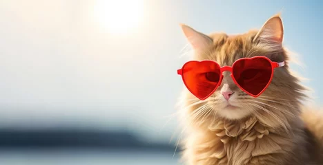Tuinposter banner of a ginger cat wearing heart shaped red sunglasses for Valentines day © Elena