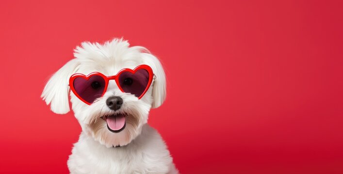 banner of a dog wearing heart shaped sunglasses on red background with copy space for Valentines day