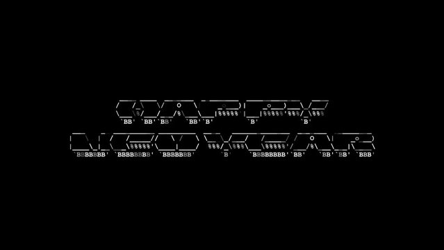Happy New Year ascii animation on black background. Ascii art code symbols with shining and glittering sparkles effect backdrop. Attractive attention promo.