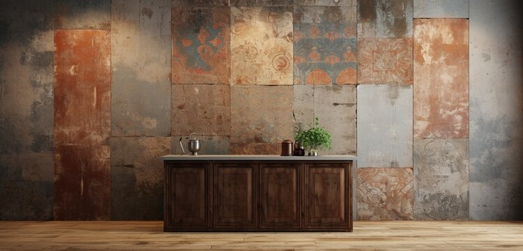  panoramic view of an old brown and gray concrete wall, adorned with rusty ornate patchwork motifs and vintage worn porcelain stoneware tiles, creating a shabby mosaic background banner.