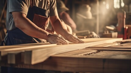 man owner a small furniture business is preparing wood for production. carpenter male is adjust wood to the desired size. architect, designer, Built-in, professional wood, craftsman, workshop. - obrazy, fototapety, plakaty